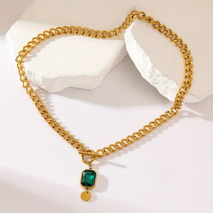 Smargad Guld Hänge Halsband med Kedja