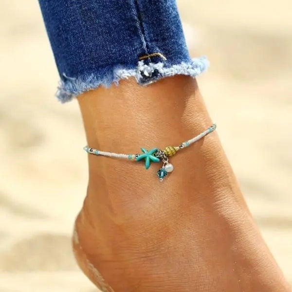 Anklet Armband med Stjärna, Snäcka och Naturliga Stenar