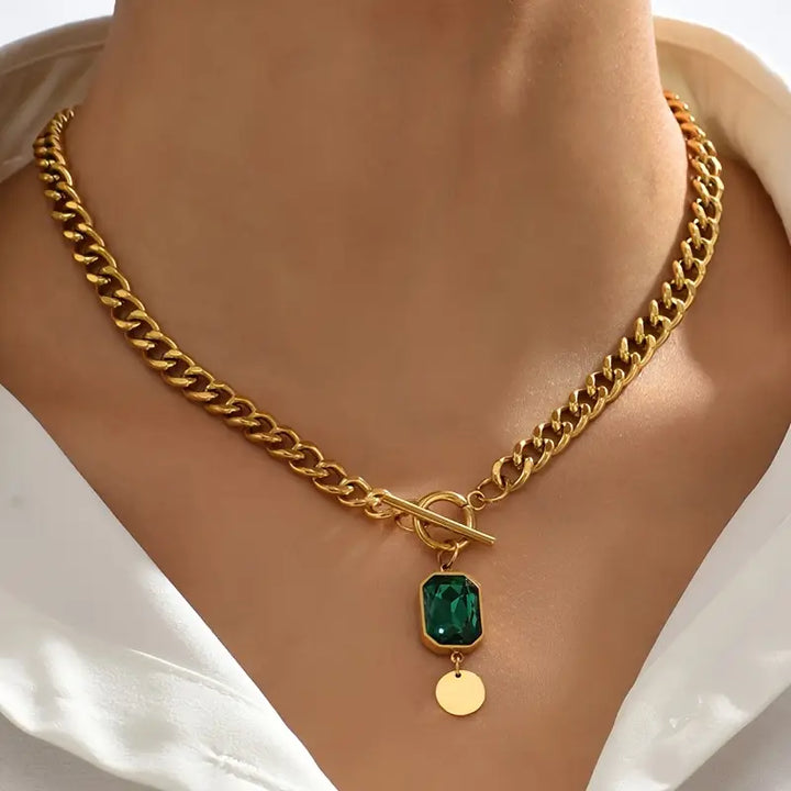 Smargad Guld Hänge Halsband med Kedja