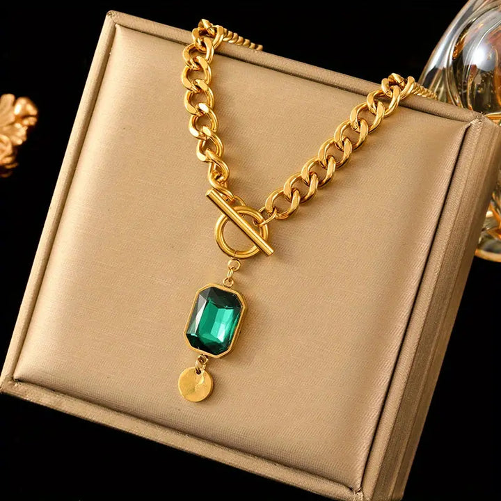 Smargad Guld Hänge Halsband med Kedja