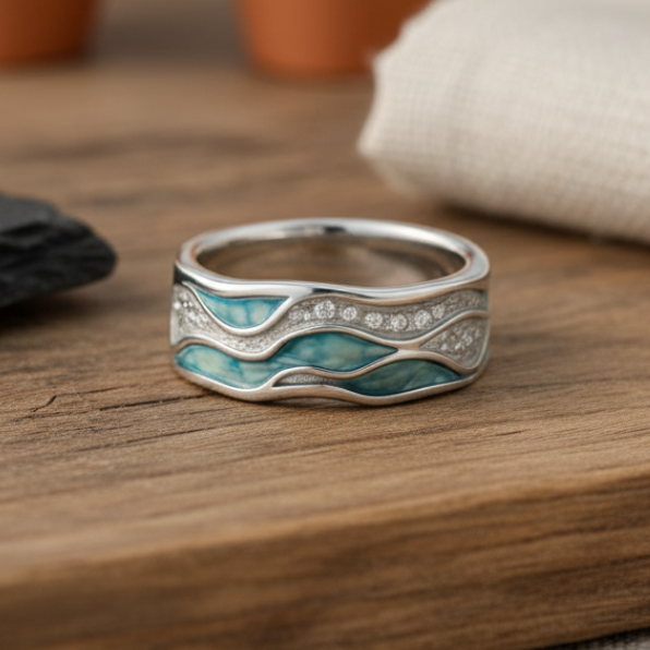 Elegant silverring med turkosa vågor