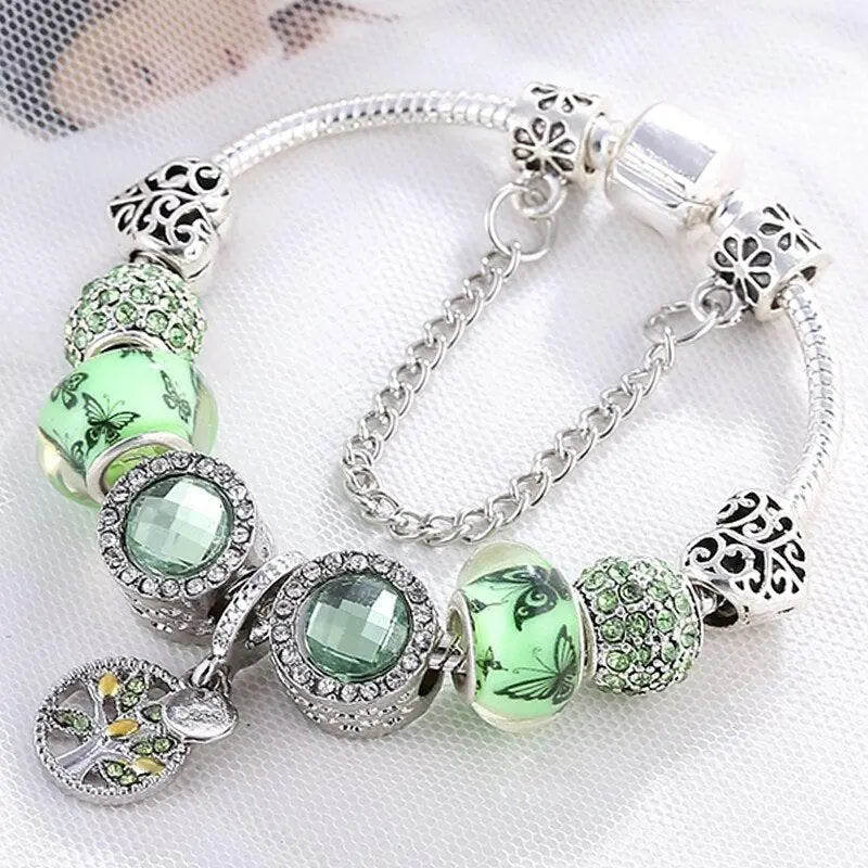 Elegant Armband i Silver med Grön Kristall