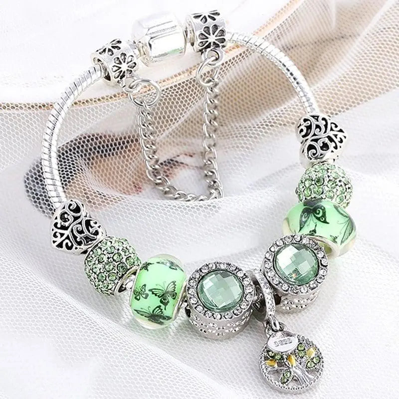 Elegant Armband i Silver med Grön Kristall