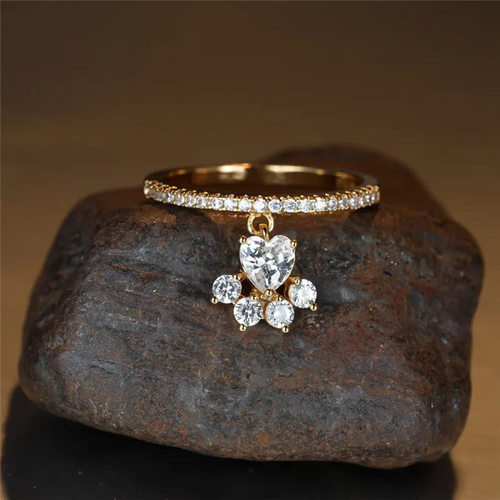 Retro Katt Tass & Hjärta Sten Ring – Guld- och Silverfärgad