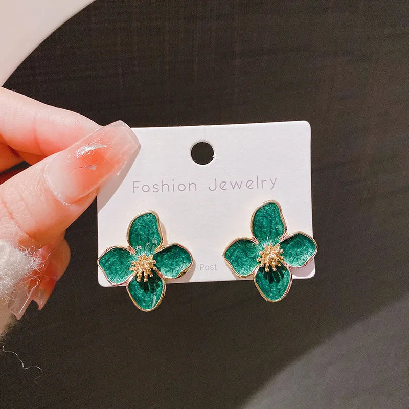 Chic Light Green Enamel Floral Leaf Stud Earrings