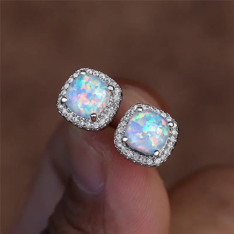Chic Silver Round White Fire Opal Stud Earrings