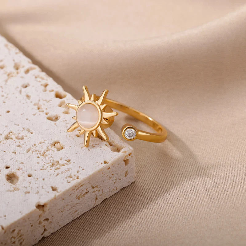 Retro Stainless Steel Rotating Sun Opal Ring