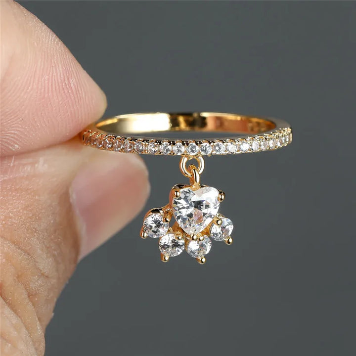 Retro Katt Tass & Hjärta Sten Ring – Guld- och Silverfärgad