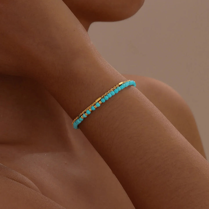 Tidlös Guld Dubbelkedja Armband med Turkos