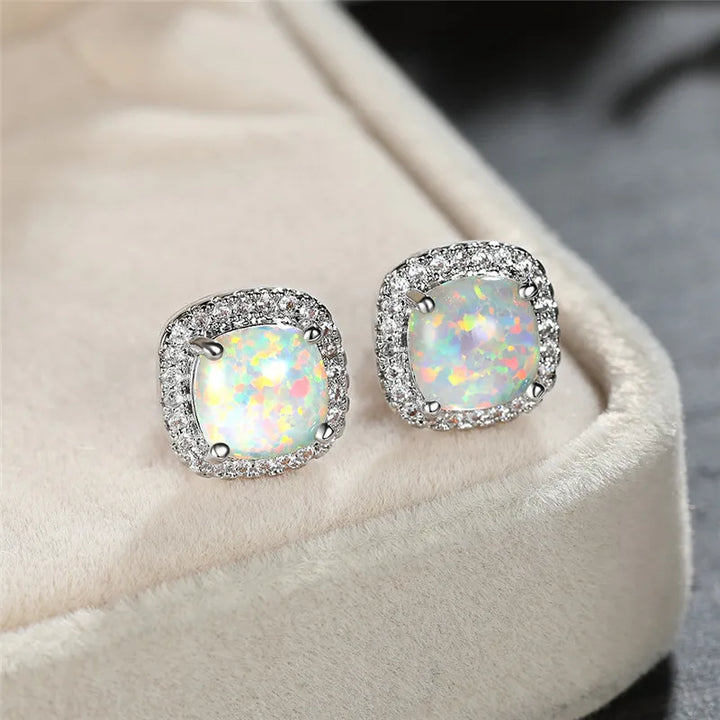 Chic Silver Round White Fire Opal Stud Earrings