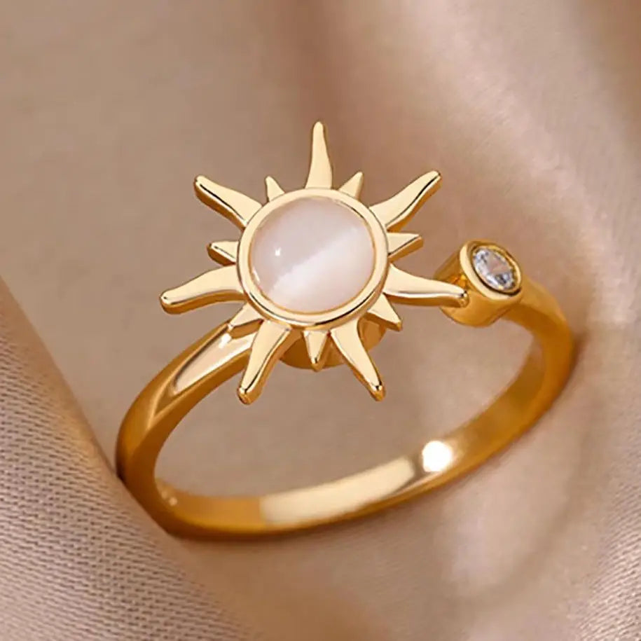 Retro Stainless Steel Rotating Sun Opal Ring