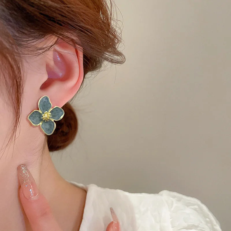 Chic Light Green Enamel Floral Leaf Stud Earrings