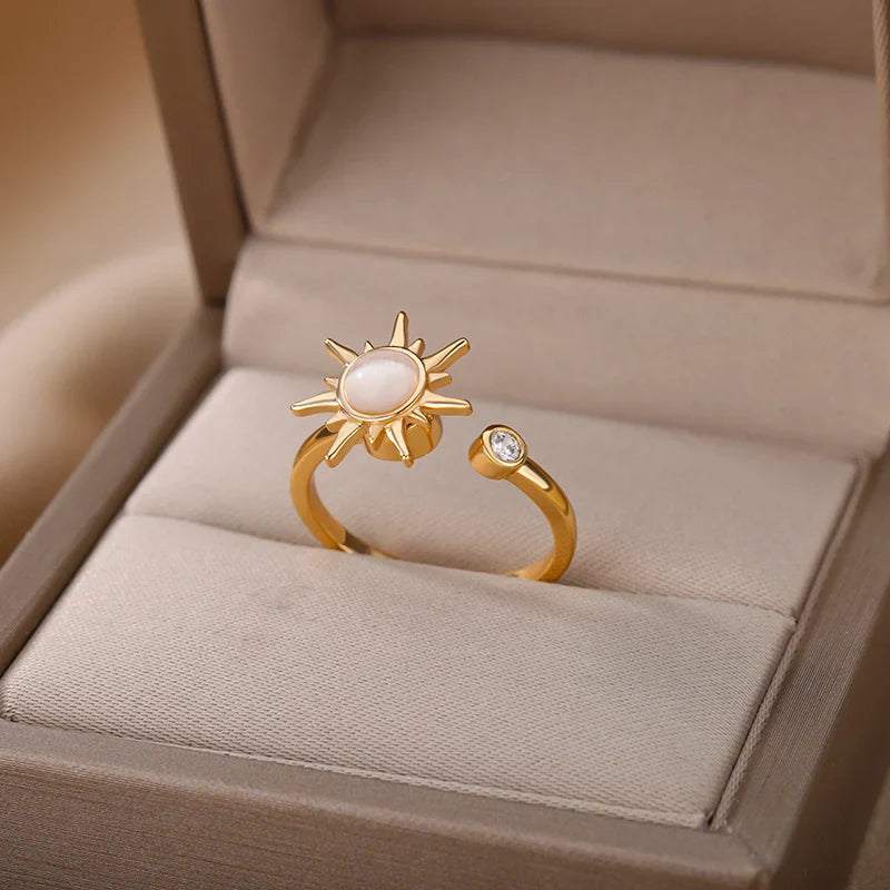 Retro Stainless Steel Rotating Sun Opal Ring