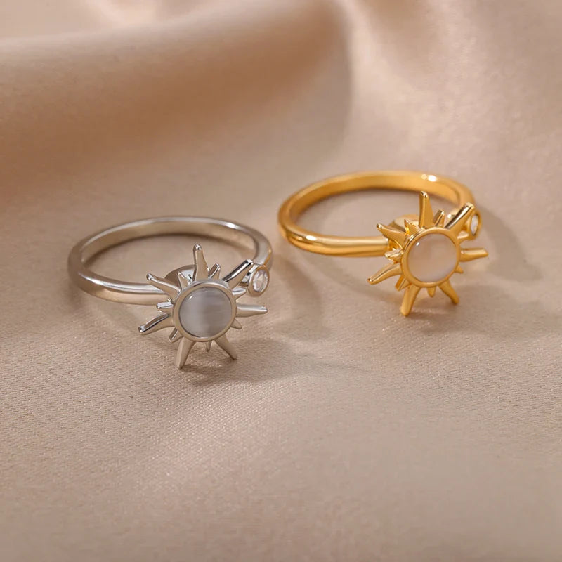 Retro Stainless Steel Rotating Sun Opal Ring