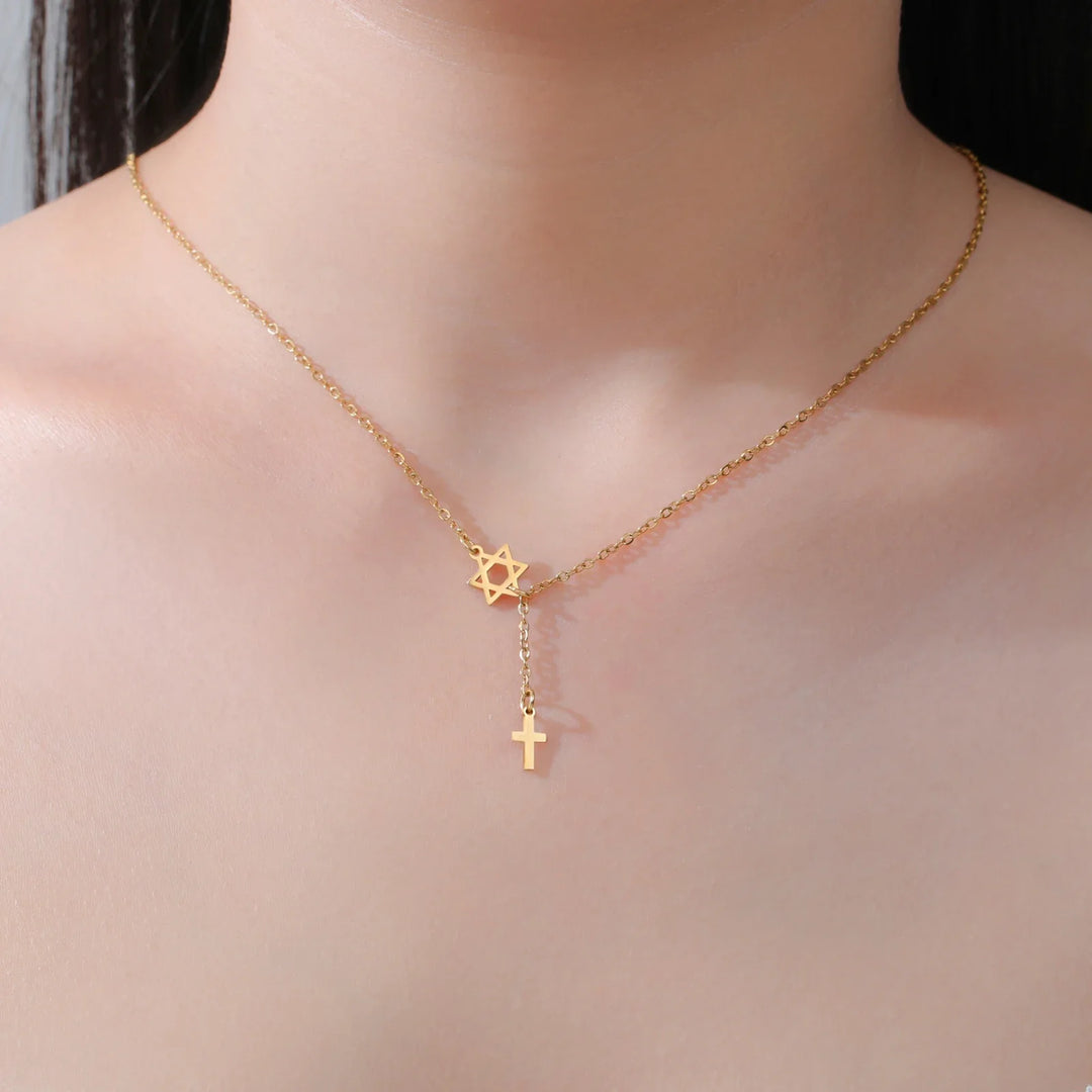 Stainless Steel Necklace with Star and Cross