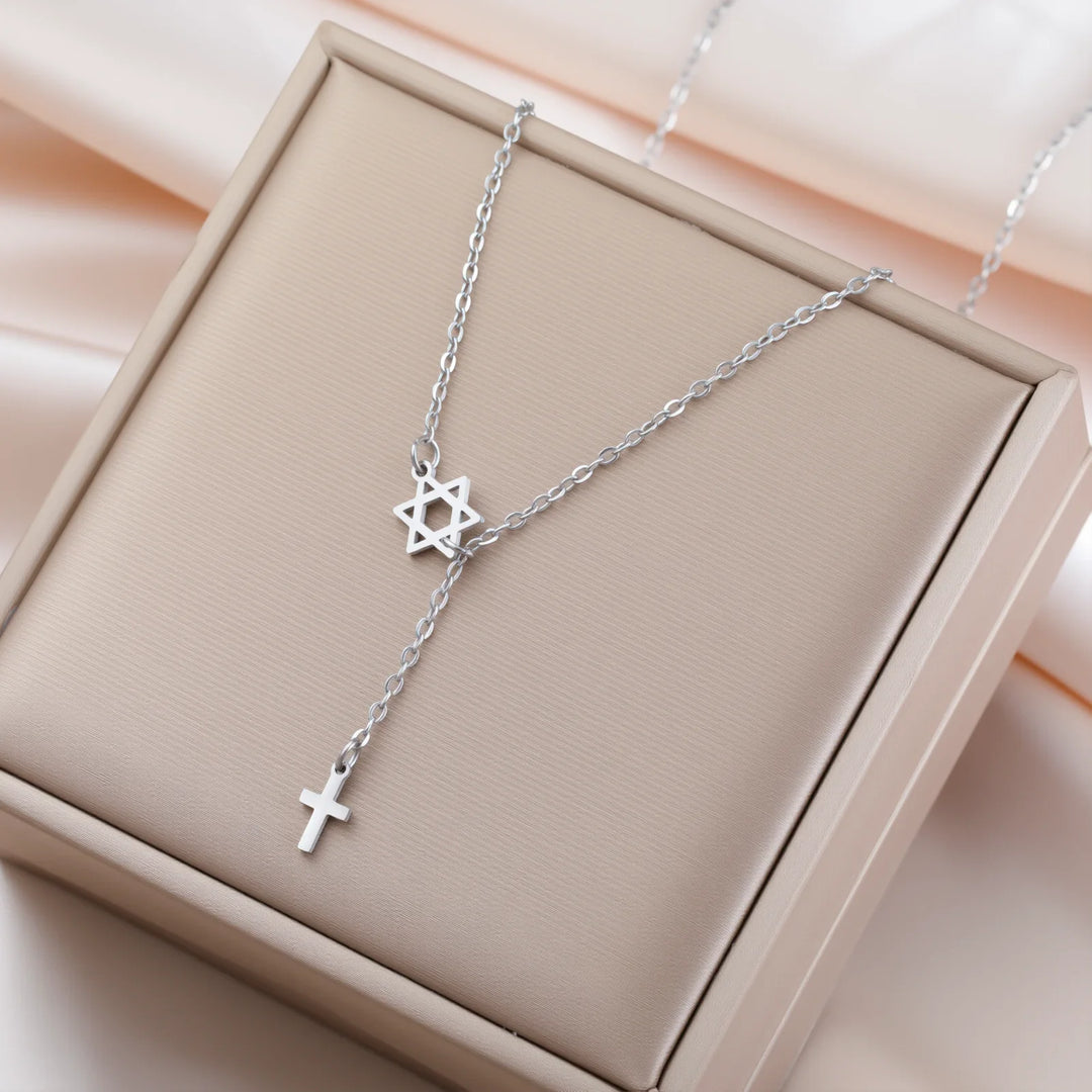 Stainless Steel Necklace with Star and Cross