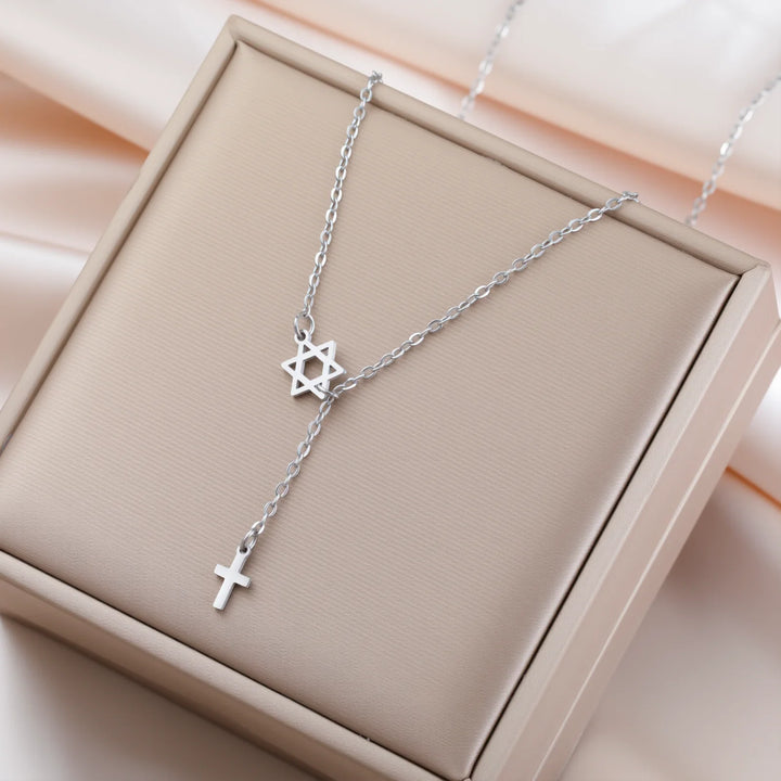 Stainless Steel Necklace with Star and Cross