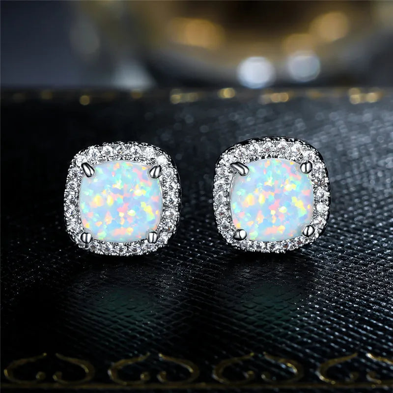 Chic Silver Round White Fire Opal Stud Earrings