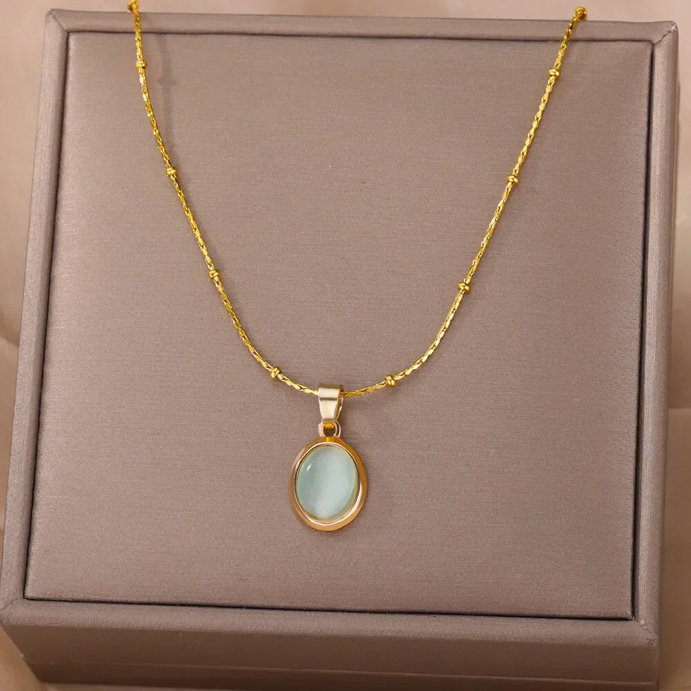Elegant Guld Rostfritt Stål Vattendroppe Opal Hänge Halsband