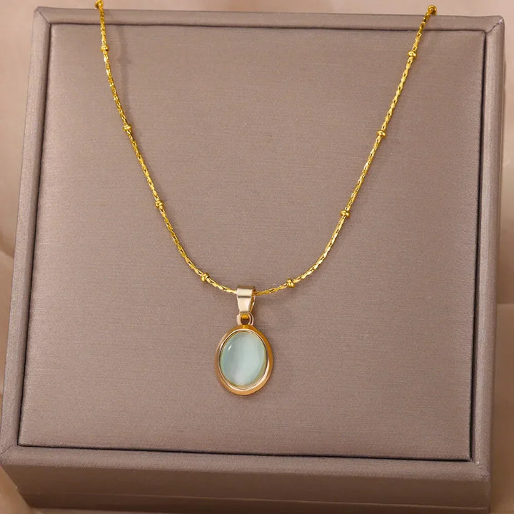 Elegant Guld Rostfritt Stål Vattendroppe Opal Hänge Halsband
