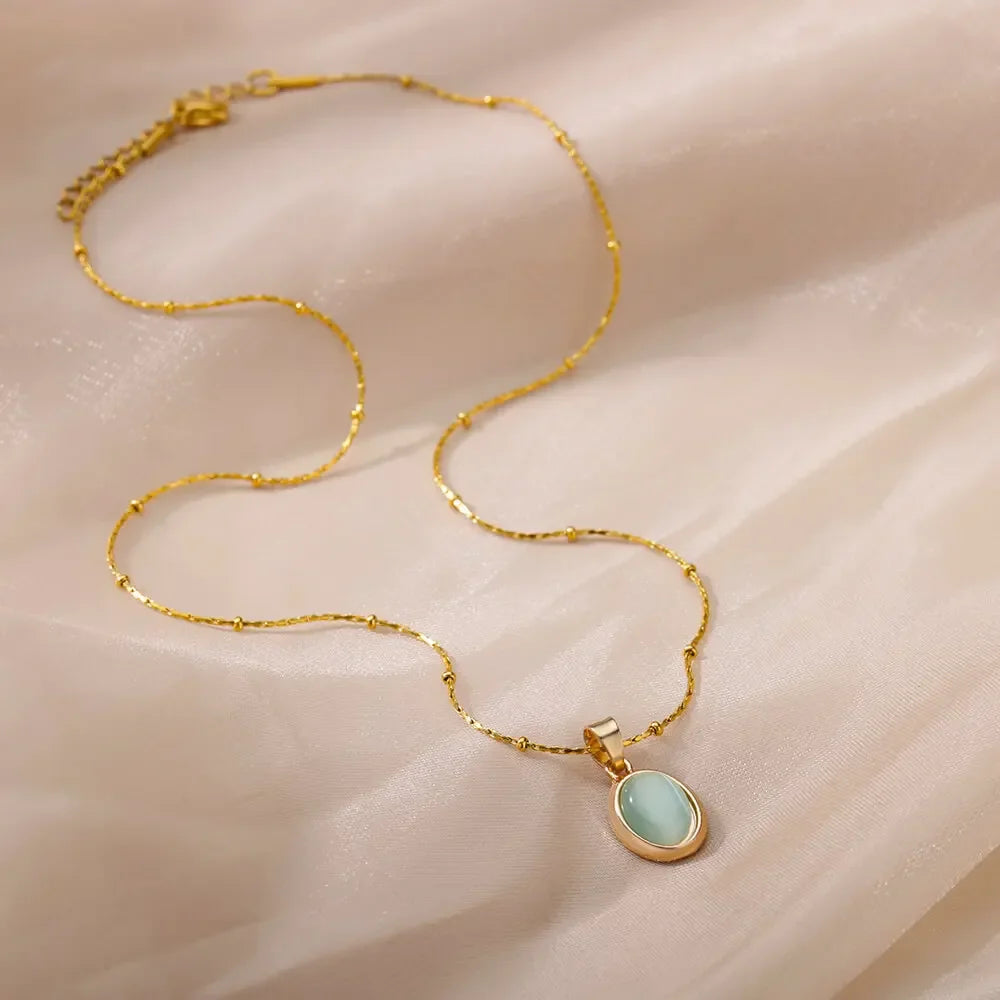 Elegant Guld Rostfritt Stål Vattendroppe Opal Hänge Halsband