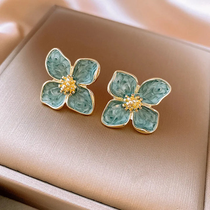 Chic Light Green Enamel Floral Leaf Stud Earrings