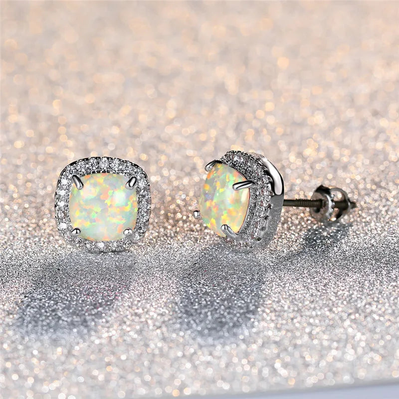 Chic Silver Round White Fire Opal Stud Earrings