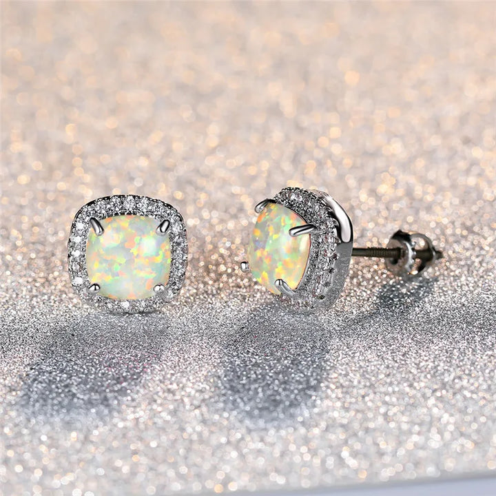 Chic Silver Round White Fire Opal Stud Earrings