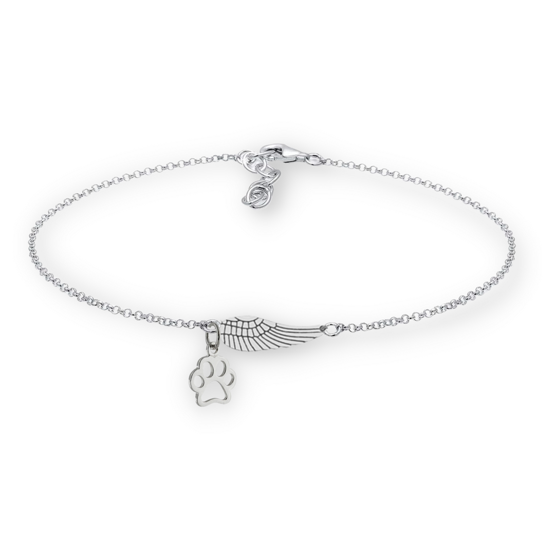 Handgjort silverarmband med änglavinge och tassavtryck