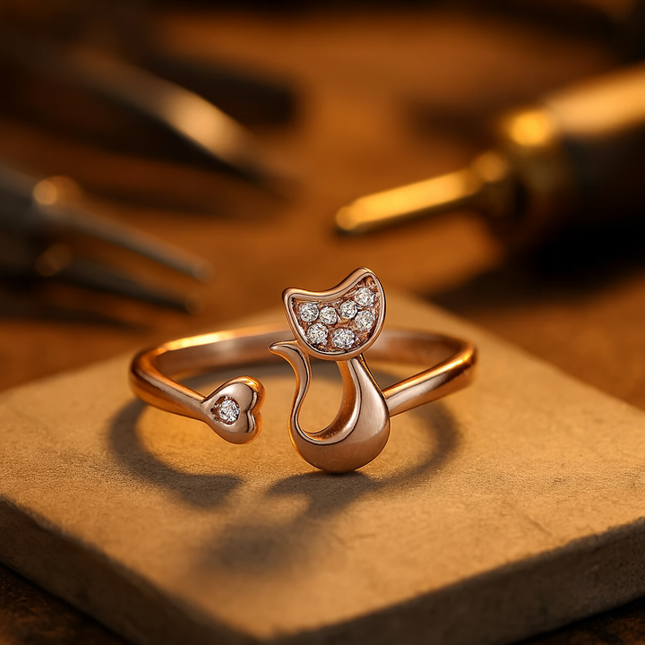 Söt Katt Öppen Ring med Kubisk Zirkonia