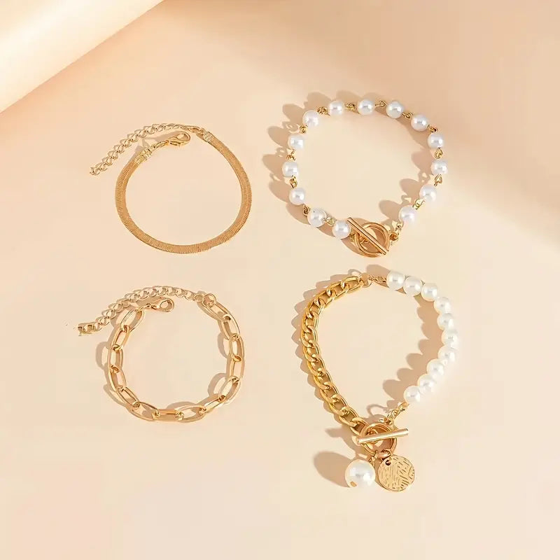 Elegant 4-delars Guldarmbandsset – Orm, Pärlor och Länkar