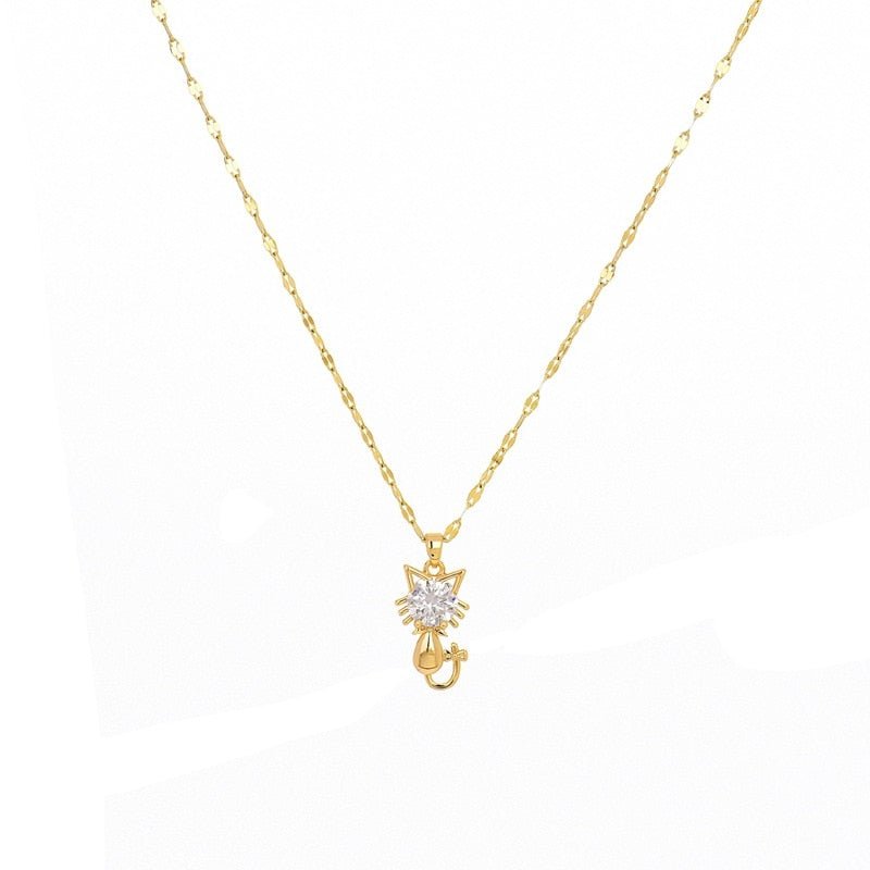 Guldpläterat halsband med katt och zirkon