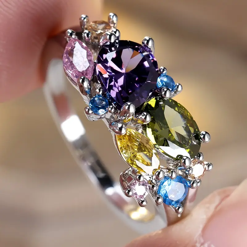 Retro Colorful Crystal Silver Ring