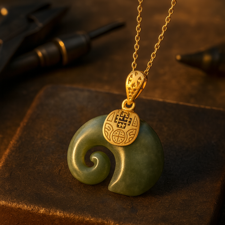 Hetian Jade Elephant Anhänger-Halskette – 18K Goldplattierte Kette für Damen