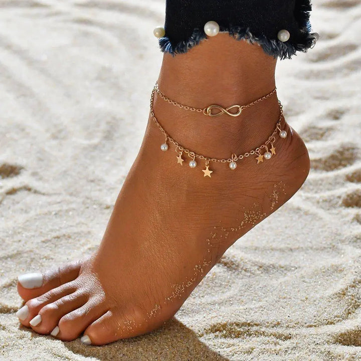Elegant Infinity Anklet with Pearl and Star Charms